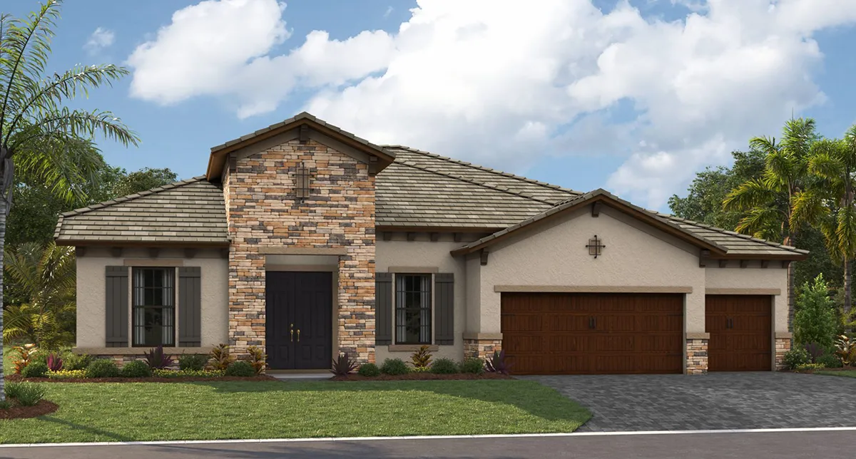 A modern single-story house with a stone and stucco exterior, dark double front doors, brown garage doors, a paved driveway, and a landscaped front yard with shrubs and palm trees under a partly cloudy sky.