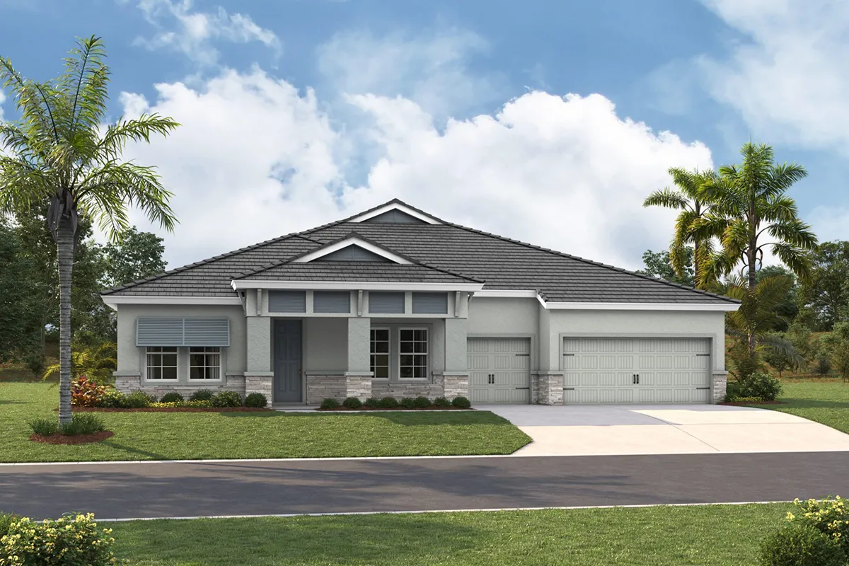 Single-story modern house with gray exterior, three-car garage, front porch, and manicured lawn. Palm trees and small bushes surround the house. Blue sky with scattered clouds in the background.