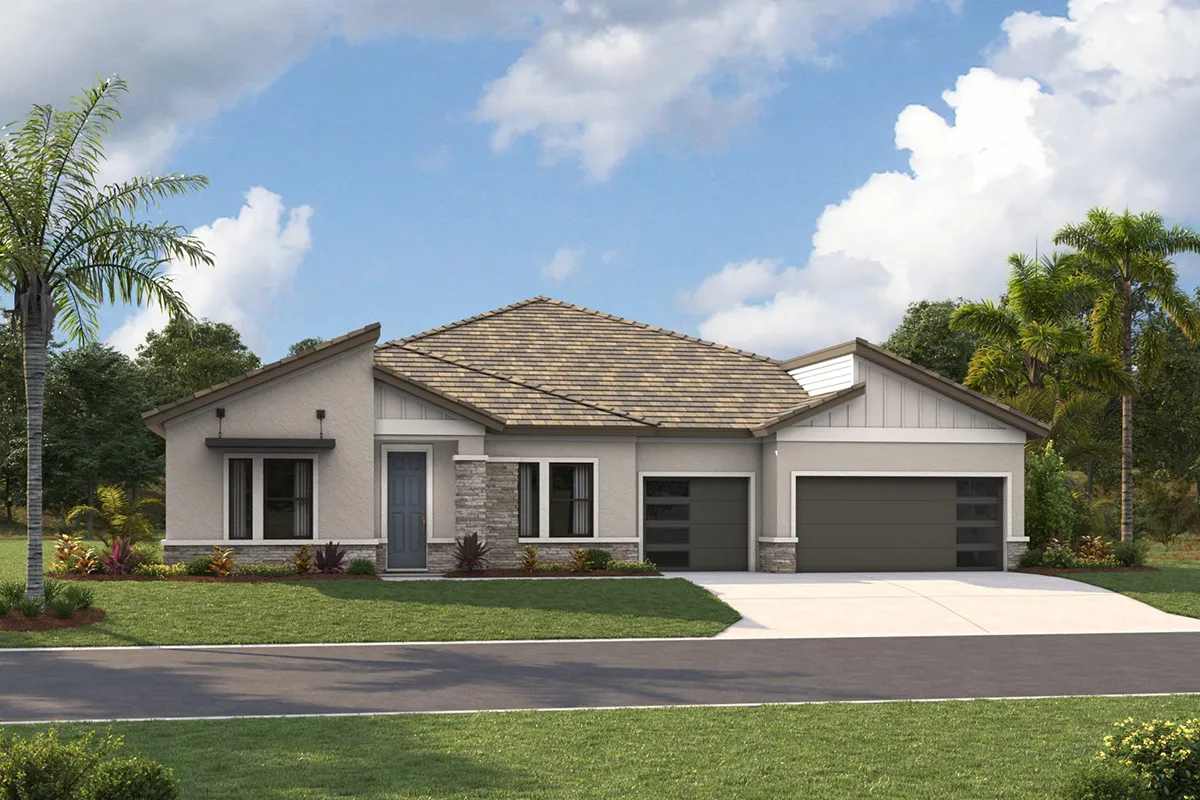 A modern single-story house with light-colored walls, a tiled roof, three-car garage, and landscaped lawn with palm trees under a partly cloudy sky.
