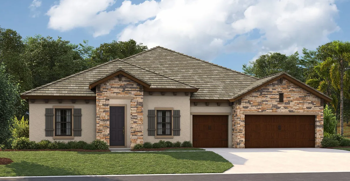 Single-story suburban house with stone and stucco exterior, dark brown shutters, a dark front door, and three-car wooden garage doors. Manicured lawn and trees in the background under a partly cloudy sky.