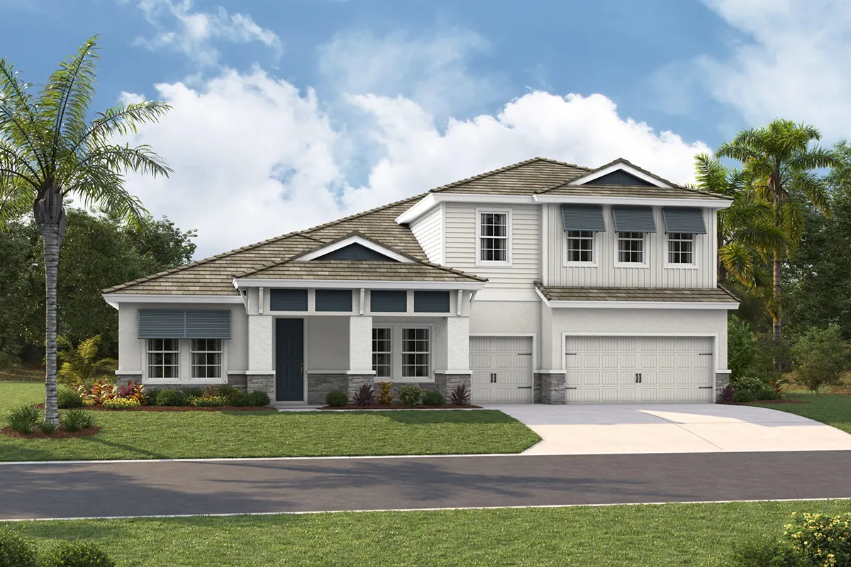 Modern two-story suburban house with light gray exterior, large windows, a three-car garage, manicured lawn, small landscaped garden, palm trees, and a blue sky with scattered clouds in the background.