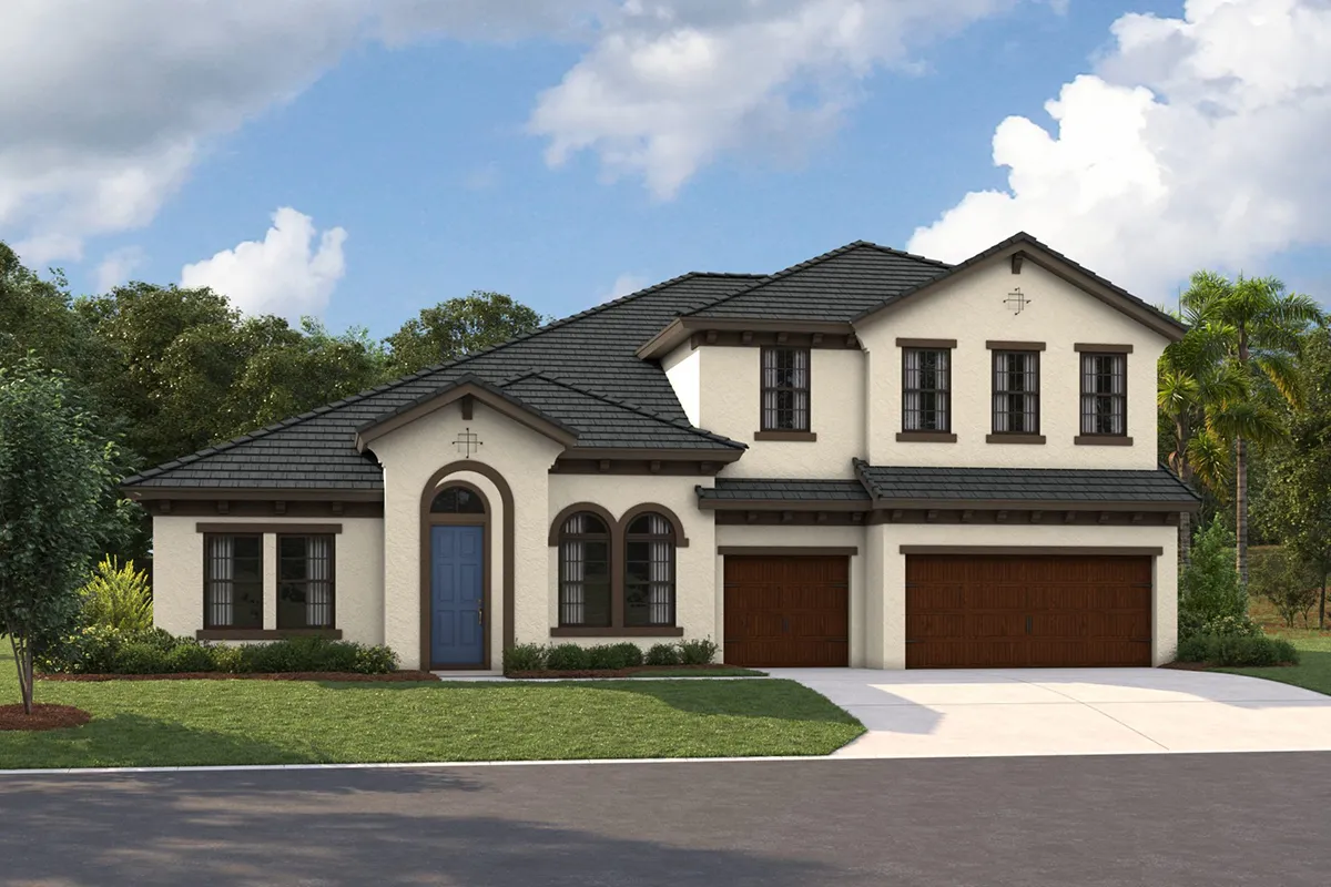 A modern two-story house with light-colored walls, dark trim, a blue front door, multiple windows, and a three-car garage with wooden doors. The home is surrounded by grass, small bushes, and trees under a partly cloudy sky.