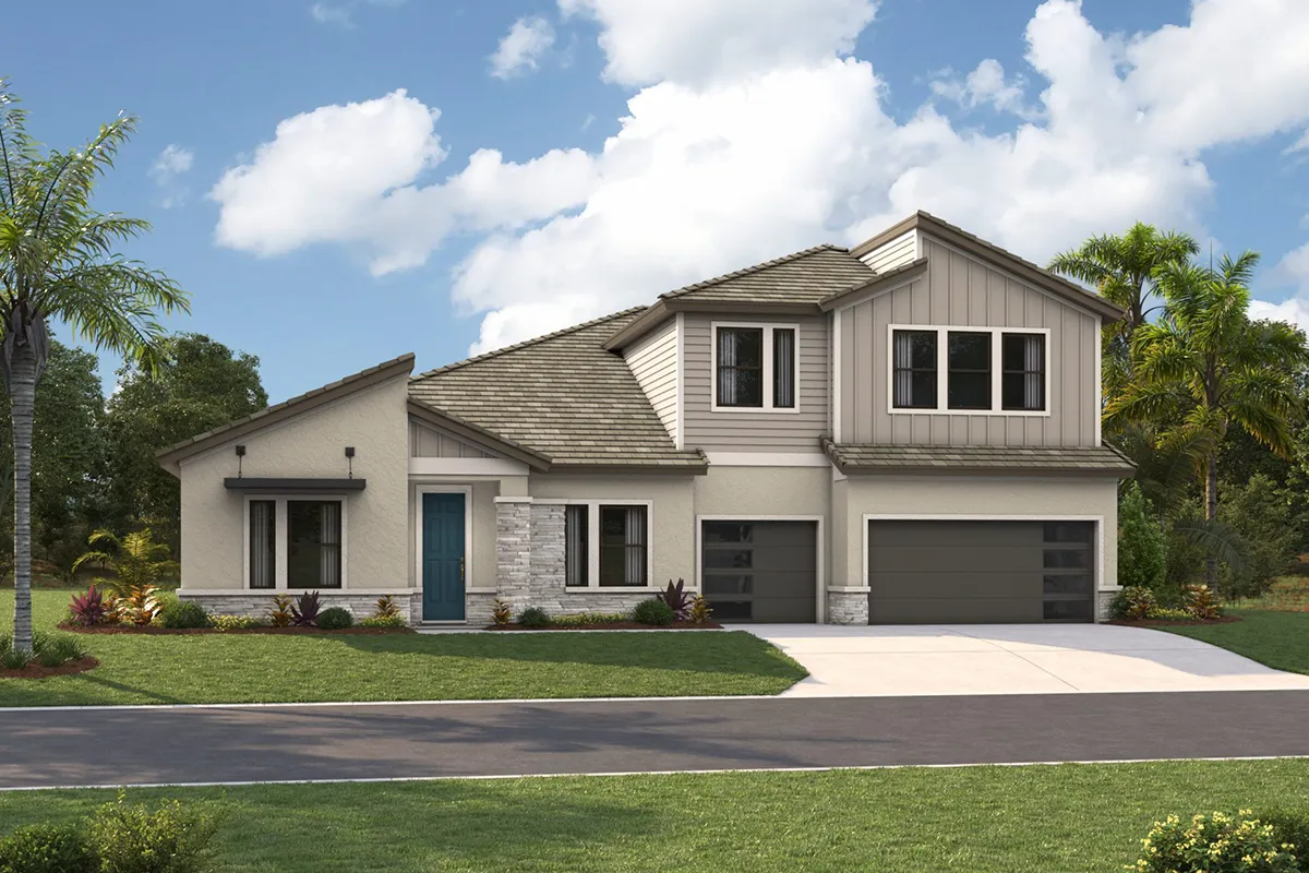 Modern two-story house with a gray roof, beige and light brown exterior, large windows, double garage, blue front door, and landscaped yard with palm trees and green grass under a partly cloudy sky.