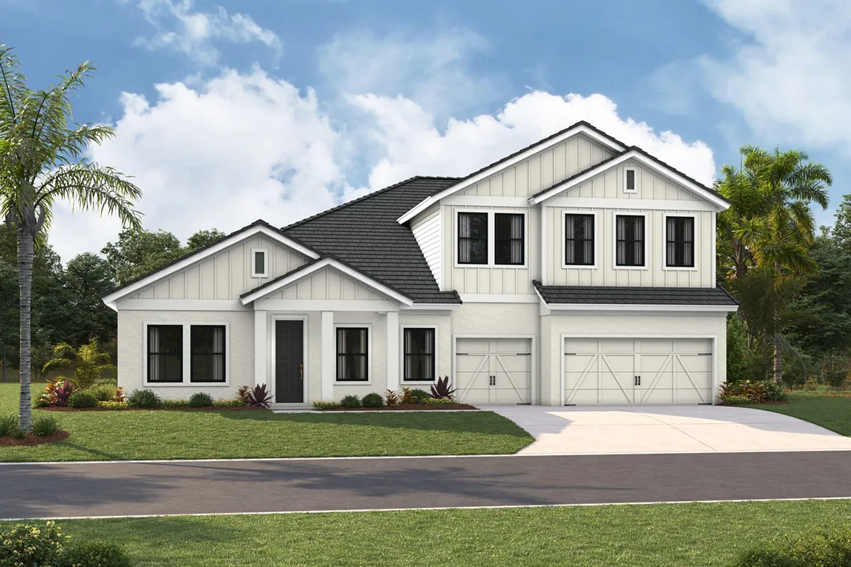 Modern two-story white house with board-and-batten siding, black roof, double garage, and large windows, surrounded by a manicured lawn, small shrubs, palm trees, and a paved driveway under a partly cloudy sky.