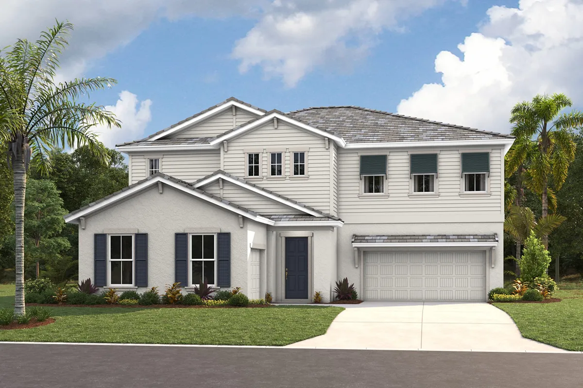 Two-story modern house with light gray siding, blue shutters, a double garage, and a manicured lawn, surrounded by palm trees and greenery under a partly cloudy sky.