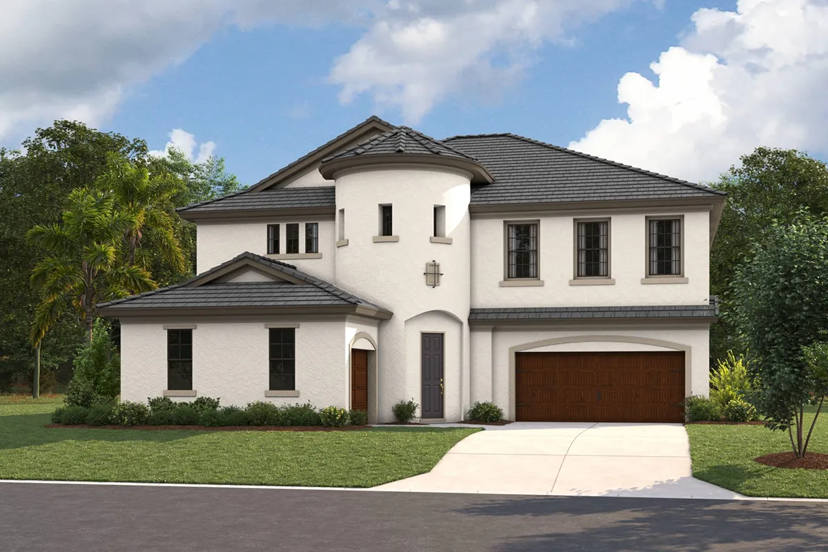 A modern two-story house with light stucco exterior, a round turret feature, dark tiled roof, three upper windows, a two-car wooden garage door, front lawn, and trees in the background under a partly cloudy sky.