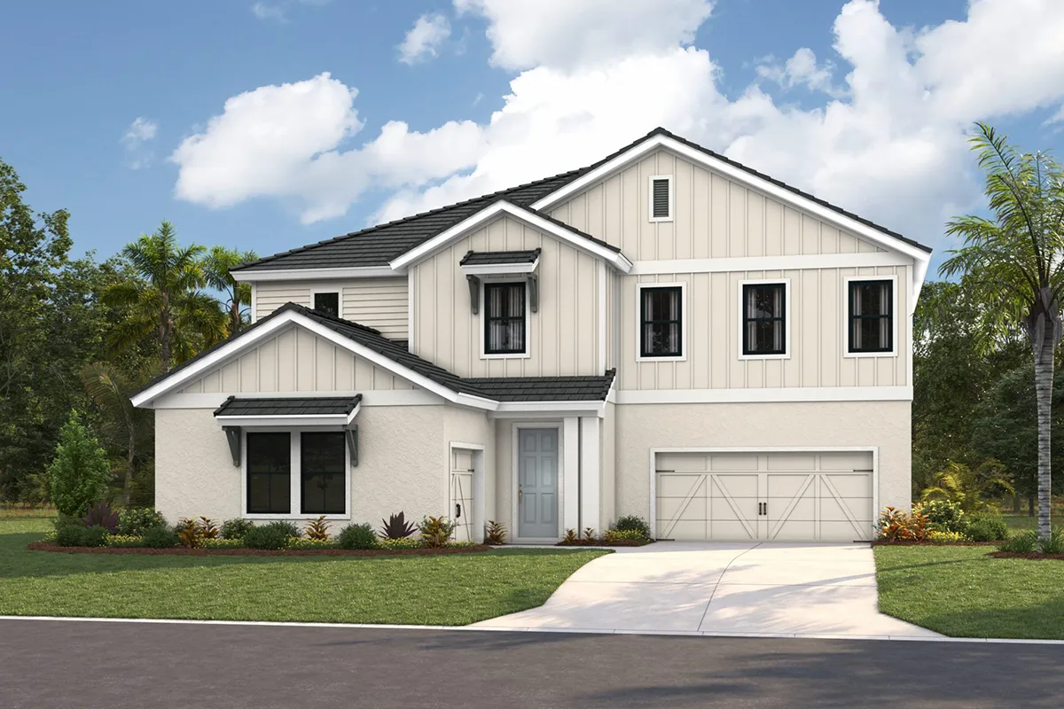 A modern two-story house with white siding, black roof, and attached double garage sits on a neatly manicured lawn with small shrubs and palm trees under a partly cloudy sky.