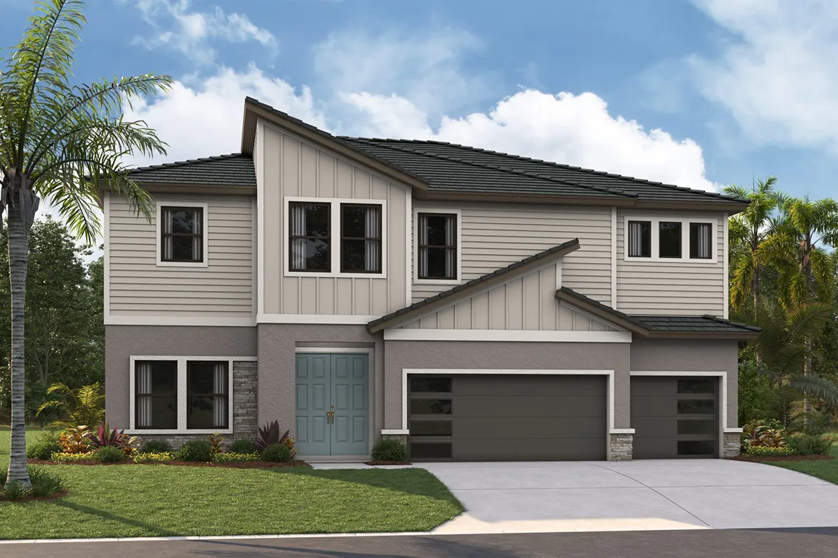 A modern two-story house with gray siding, a blue front door, large windows, and a three-car garage. The lawn is neatly trimmed, and there are palm trees and bushes in the yard under a partly cloudy sky.