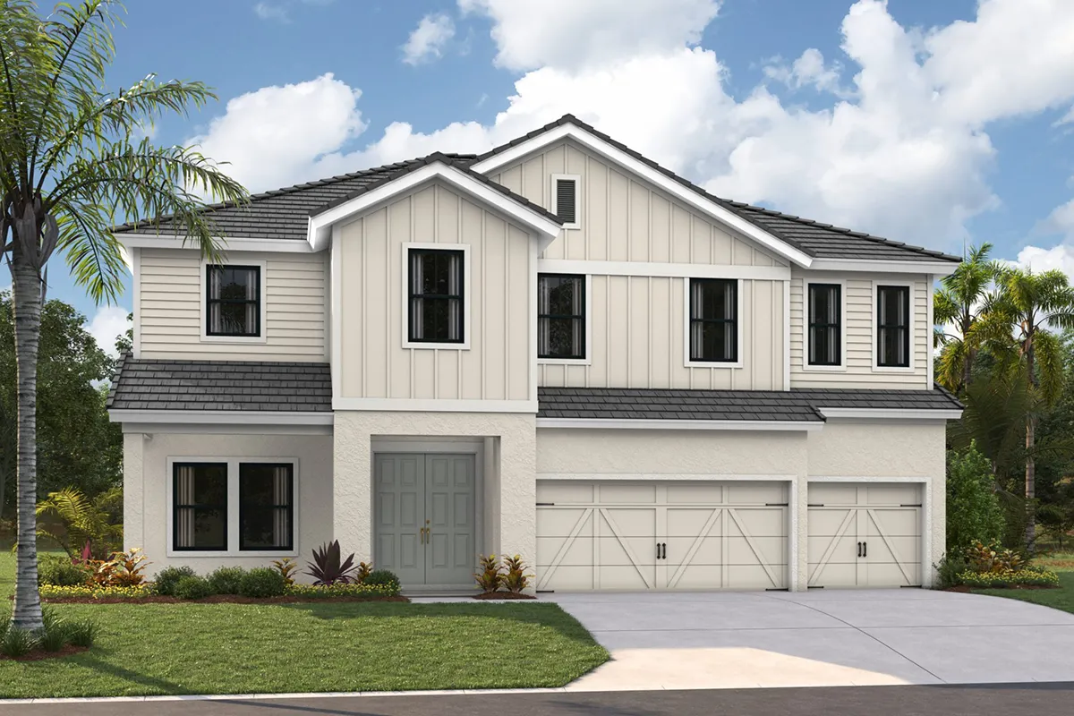 Modern two-story house with light-colored siding, gabled roof, multiple windows, and a three-car garage. Palm trees and plants decorate the front yard under a partly cloudy sky.