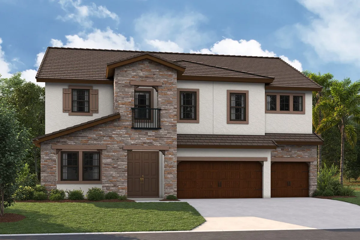 Two-story house with a stone and stucco exterior, brown roof, three-car garage, wooden front doors, and a small balcony above the entrance. The home is surrounded by greenery and under a blue, partly cloudy sky.
