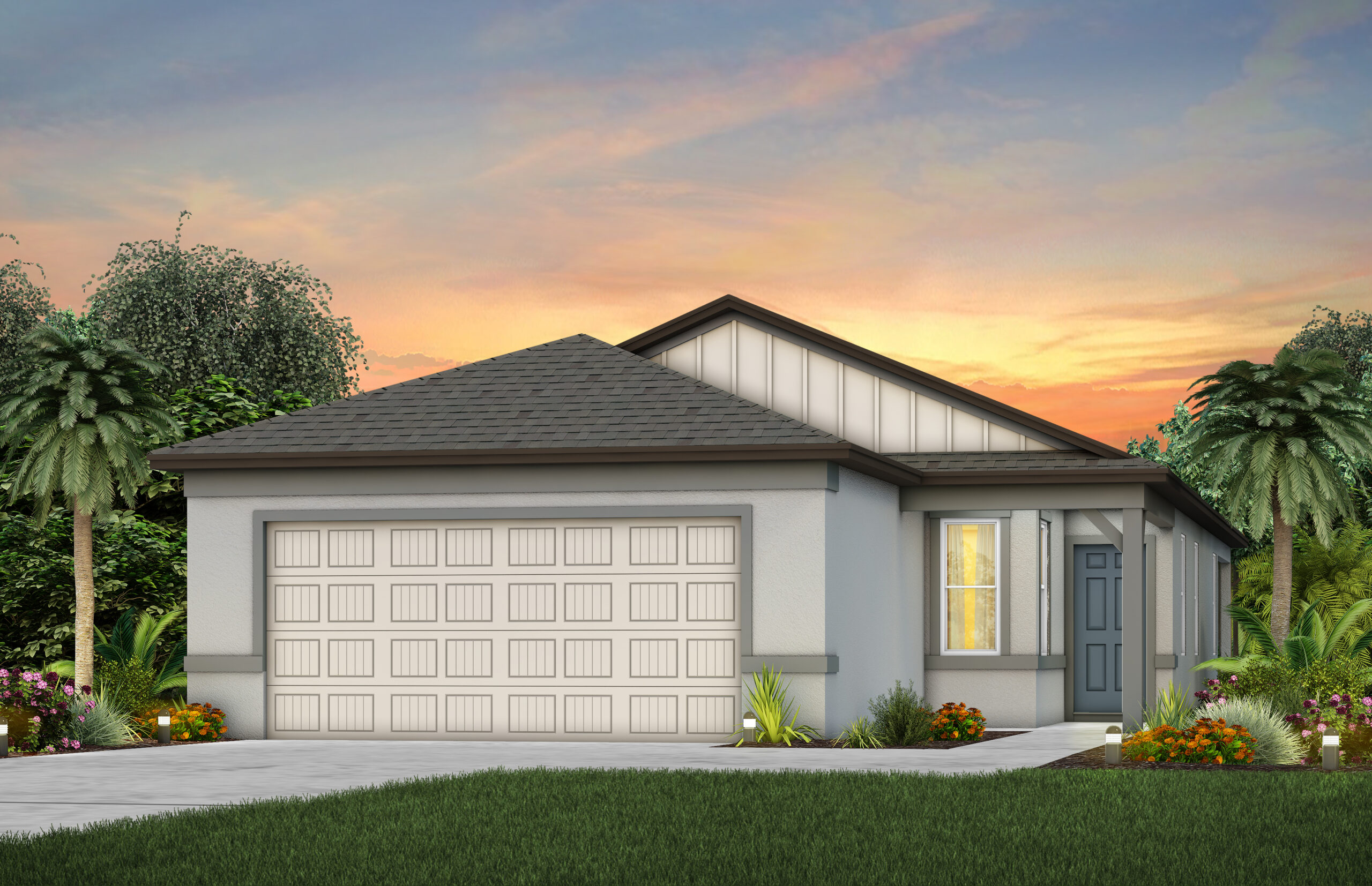 A modern single-story house with a gray exterior, double garage, and a blue front door, surrounded by green plants and palm trees, set against a colorful sunset sky.