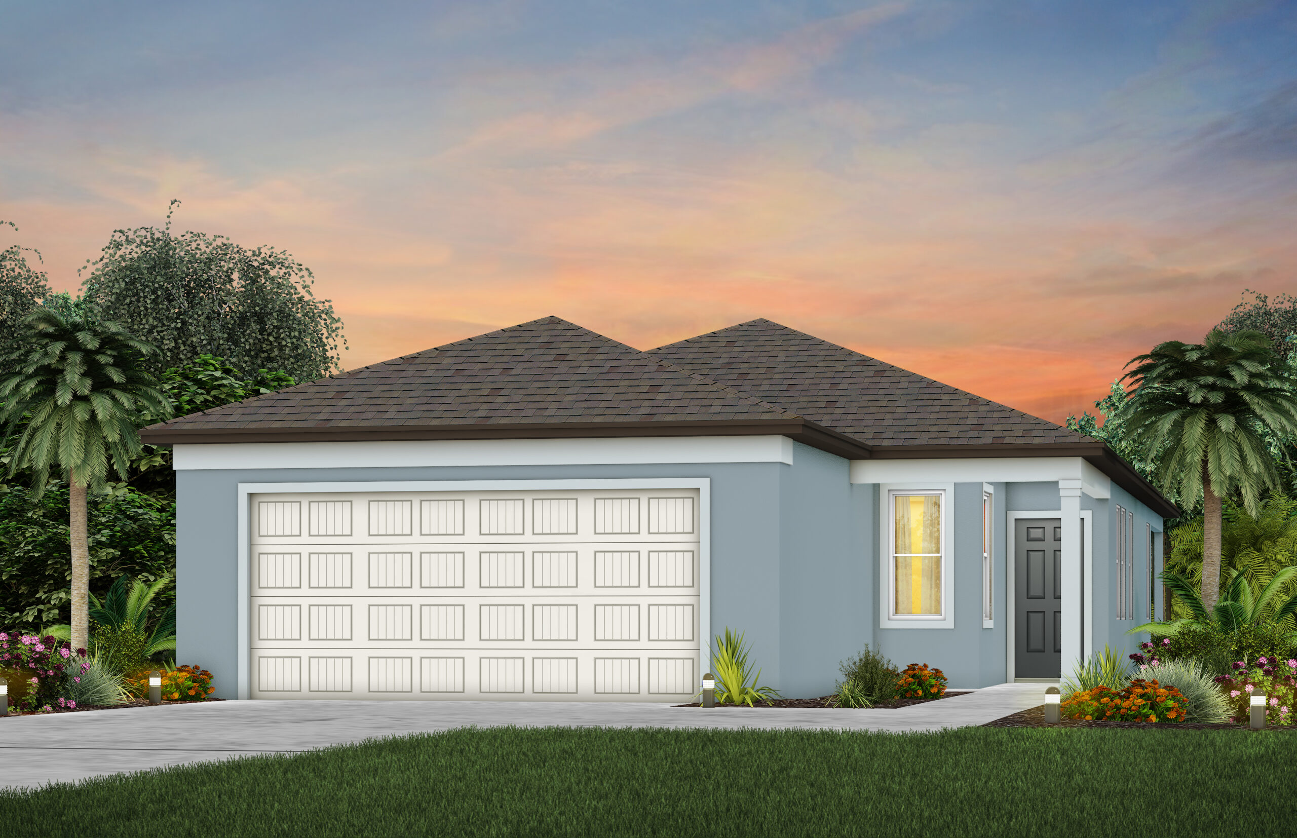 A modern, single-story house with a gray exterior, double garage doors, a front porch, and a neatly landscaped yard is shown at sunset, with palm trees framing the scene and a colorful sky in the background.