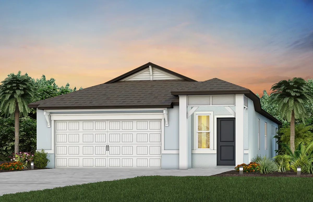 A modern single-story house with light blue siding, a dark gray roof, a double garage door, a black front door, large windows, and palm trees in the yard at sunset.