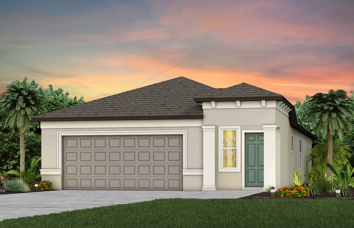 A modern single-story house with a grey roof, beige exterior, double garage, green front door, and a small front garden, set against a vibrant sunset sky with palm trees in the background.