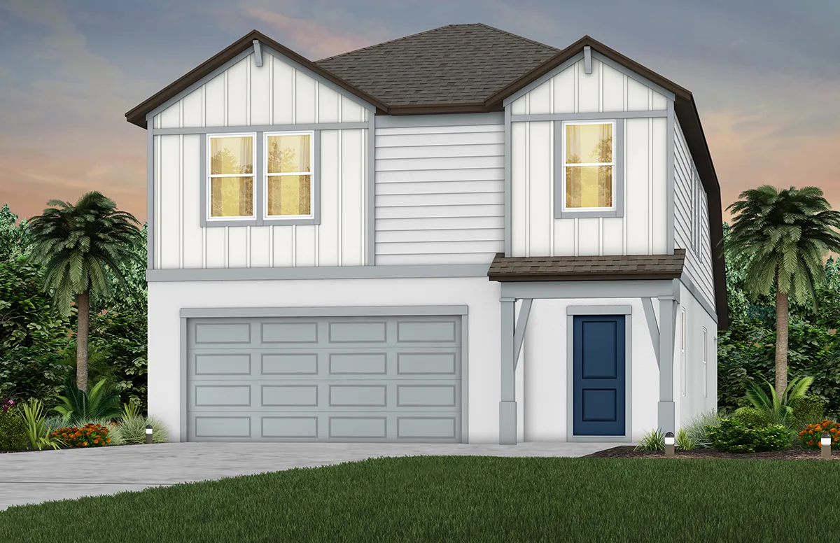 A modern two-story white house with vertical and horizontal siding, a gray shingled roof, double garage doors, a blue front door, and large windows, surrounded by palm trees and greenery at sunset.