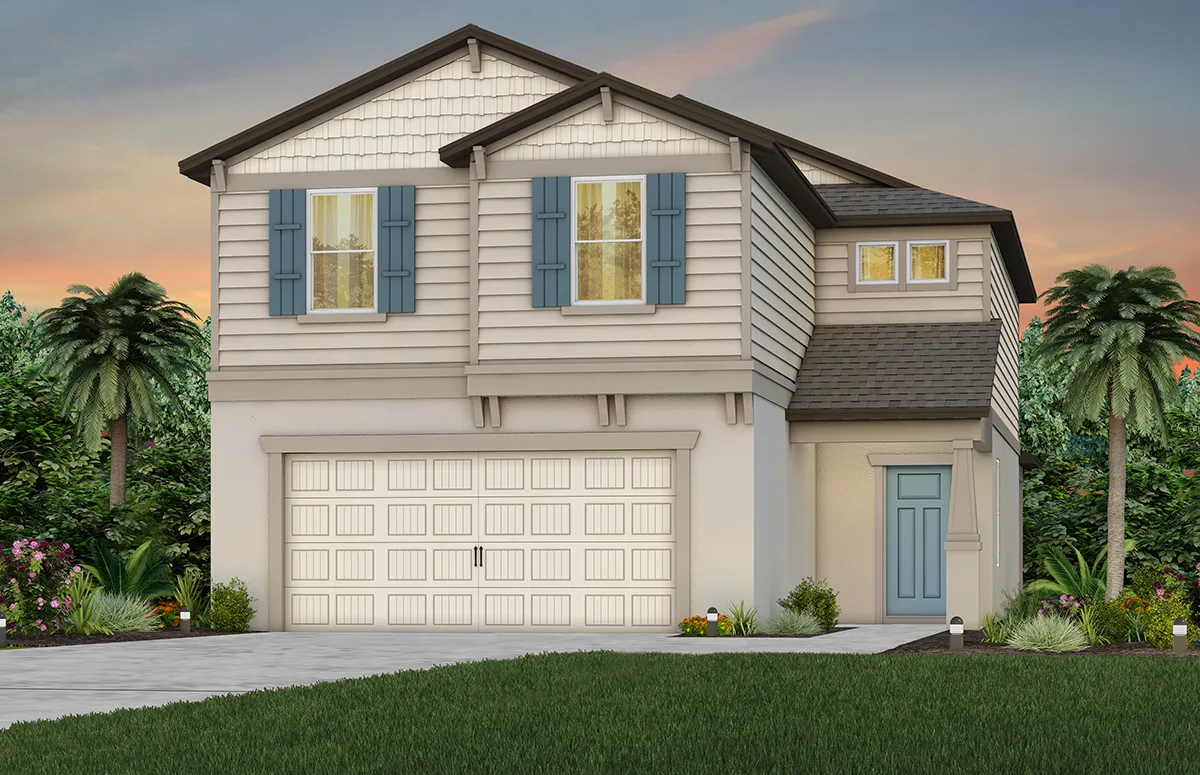 Two-story suburban house with light siding, blue shutters, and a matching blue front door. The home has a double garage and is surrounded by green lawn, palm trees, and garden plants at sunset.