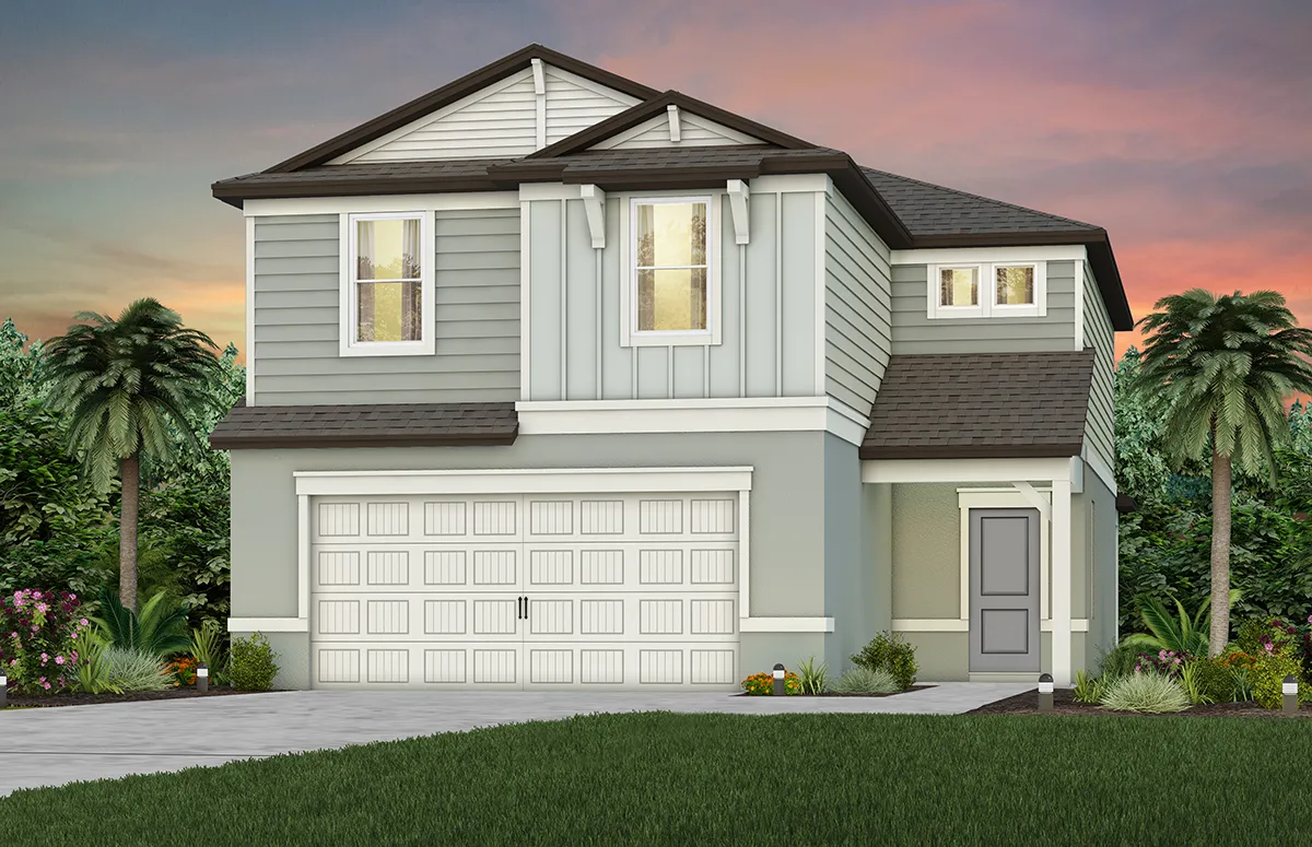 Two-story modern suburban house with light blue siding, white trim, double garage, and landscaped front yard, set against a sunset sky with palm trees and greenery around the property.