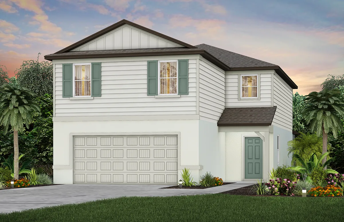 Two-story suburban house with light siding, green shutters, a double garage, green front door, and landscaped yard with palm trees and flowers against a colorful sky background.