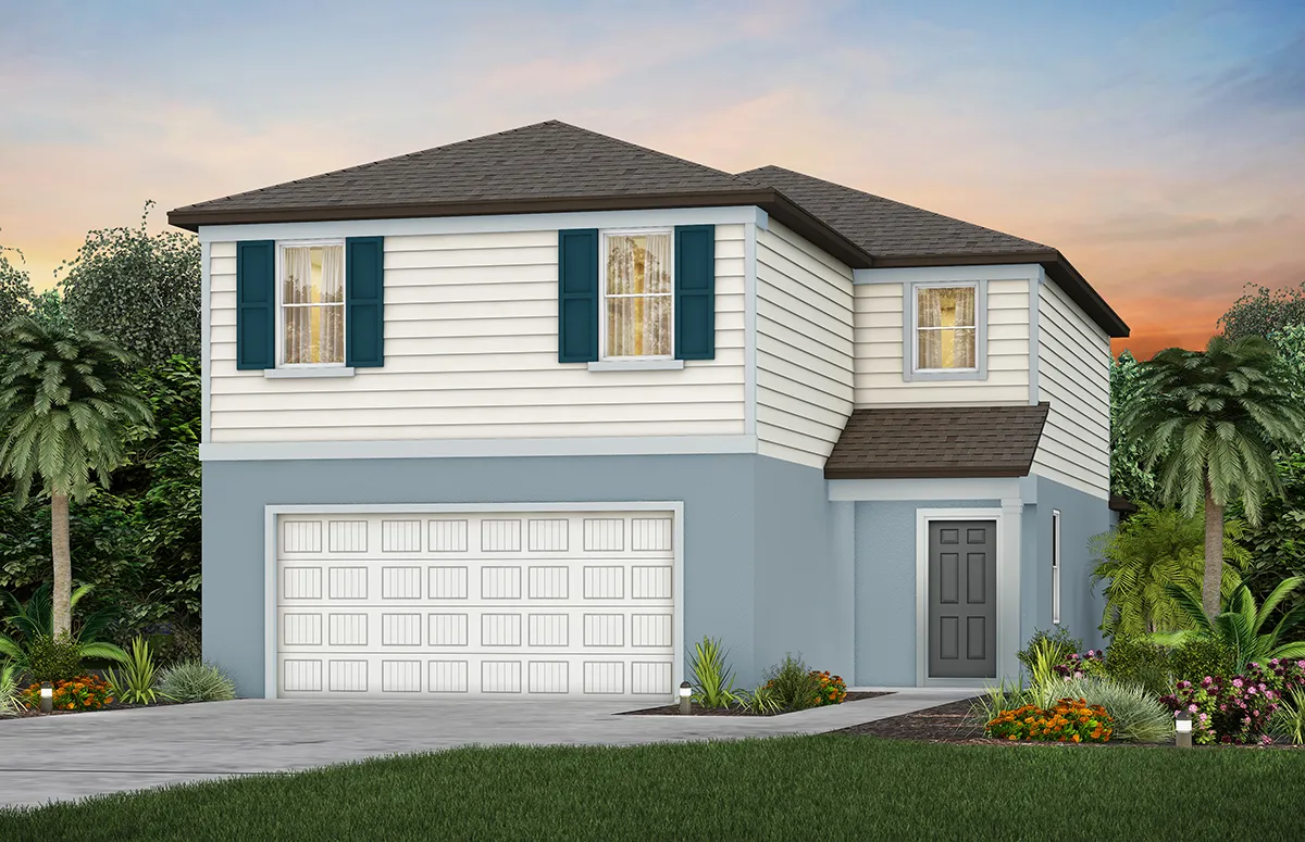 Two-story modern house with blue-gray exterior, white siding on the upper level, blue shutters, double garage door, front door with a small porch, and landscaped yard with palm trees and flowers at sunset.