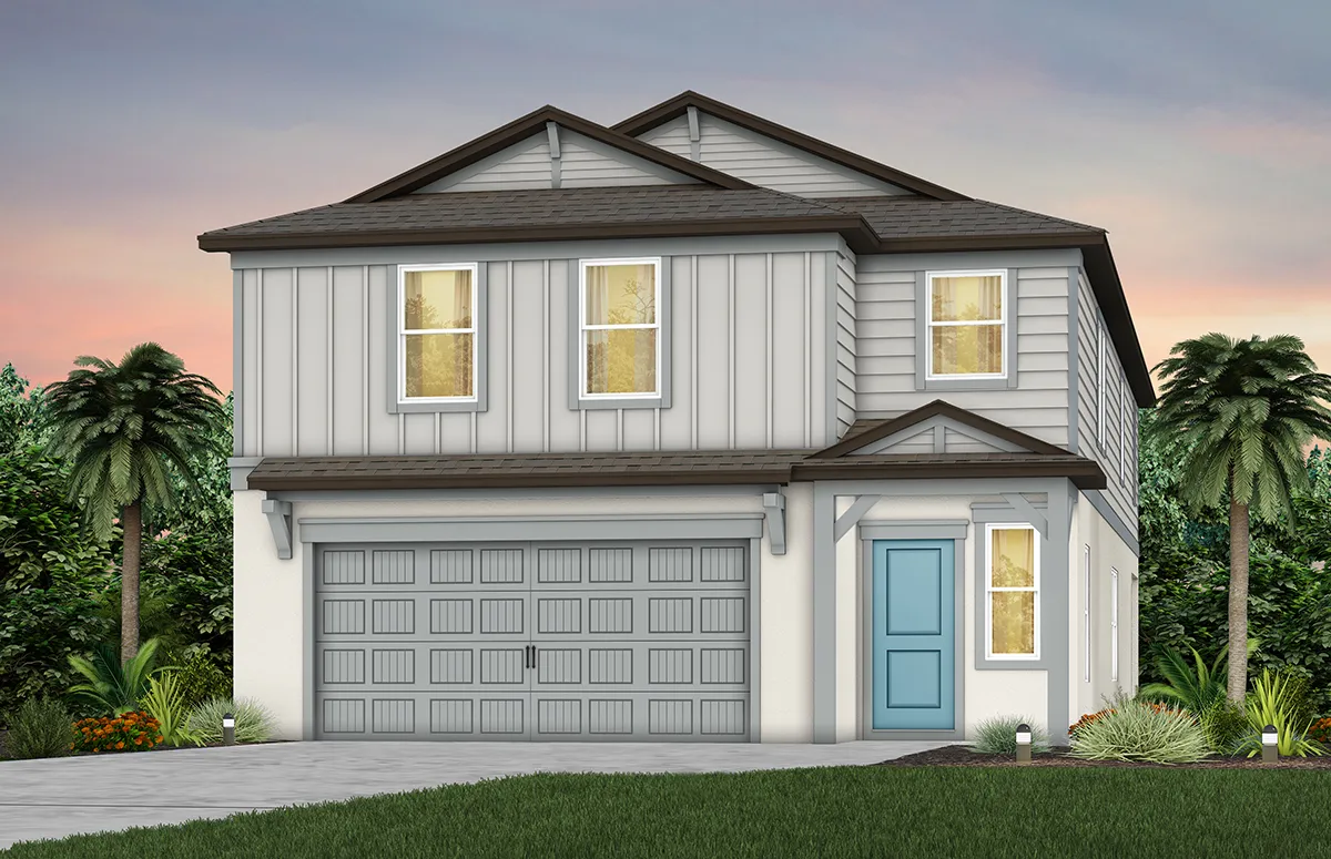 A two-story modern house with gray siding, a double garage, blue front door, and landscaped yard with palm trees and shrubs, set against a sunset sky.