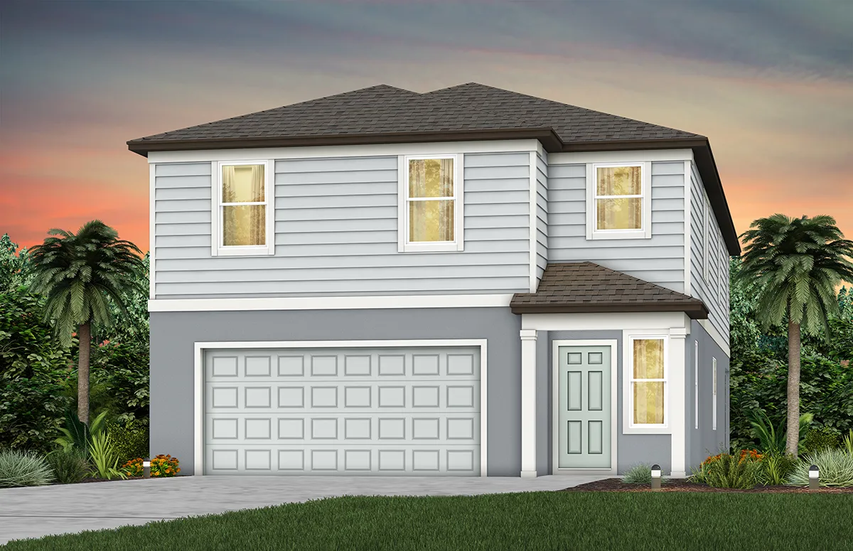 Two-story gray house with a double garage, white trim, and a front door at dusk. Palm trees and plants surround the home, with a colorful sunset sky in the background.