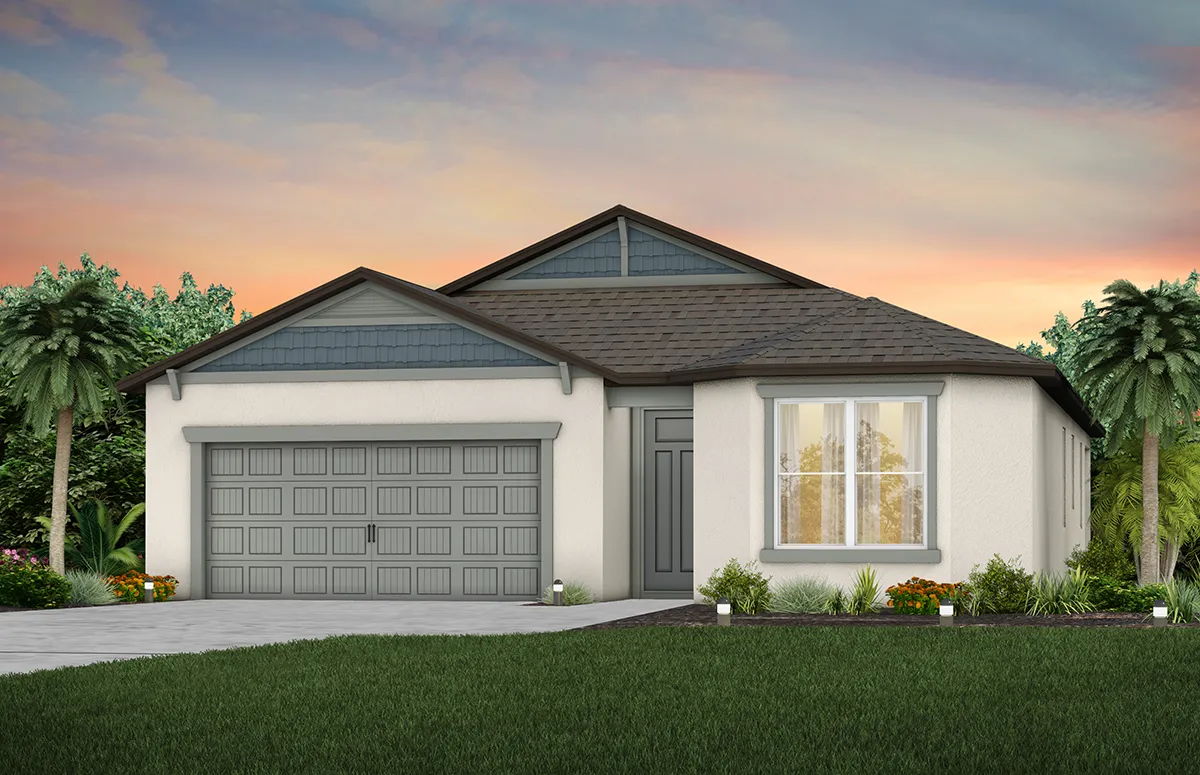 Single-story modern suburban house with a gray gable roof, two-car garage, large front window, light exterior walls, and neatly landscaped yard with palm trees under a colorful sunset sky.