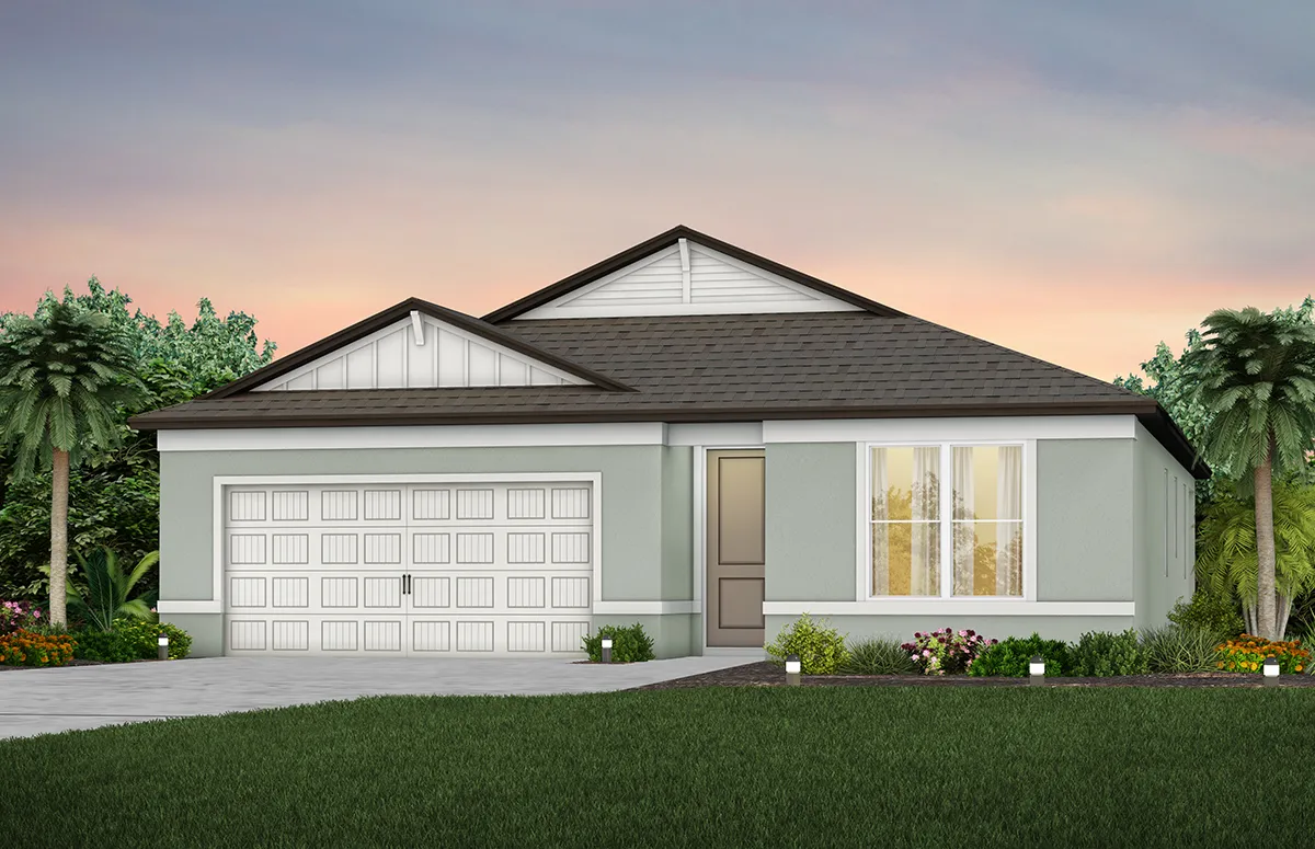 A modern single-story house with light gray exterior, a double garage, large front window, manicured lawn, colorful flower beds, palm trees, and a sunset sky in the background.