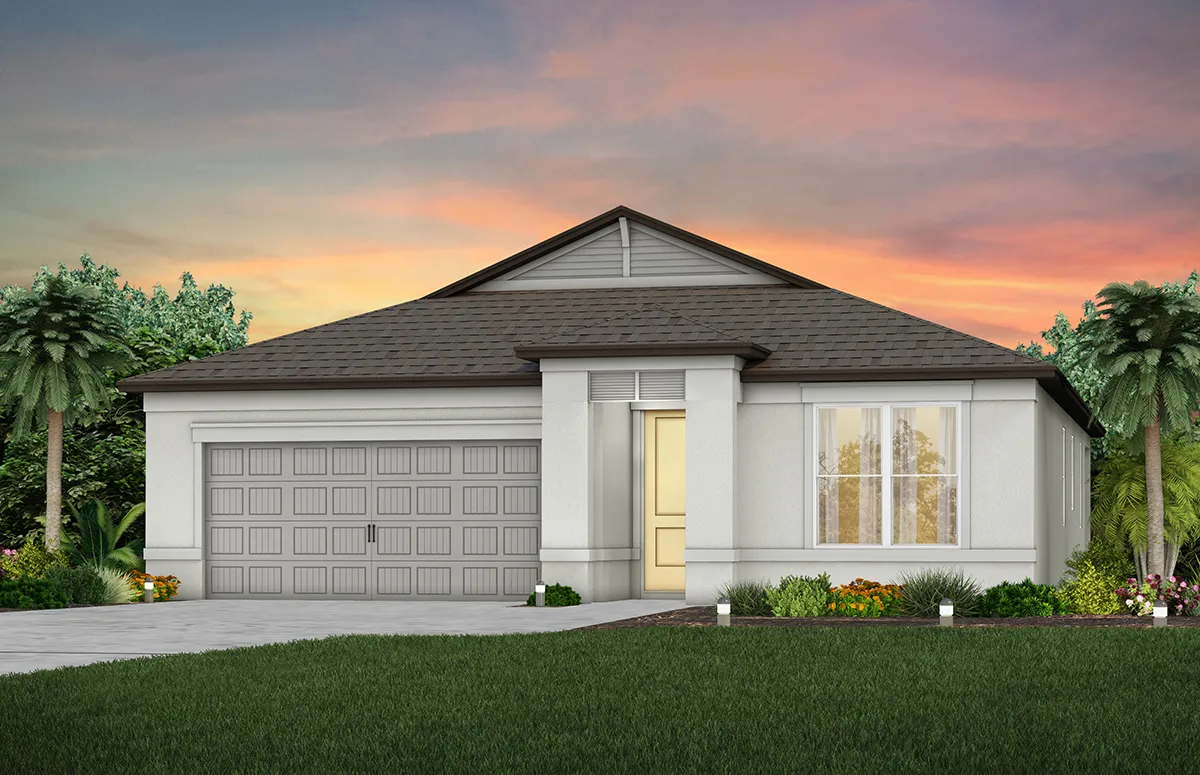 A modern single-story house with a gray roof, light-colored exterior, double garage, large front window, and well-maintained landscaping, set against a colorful sunset sky.