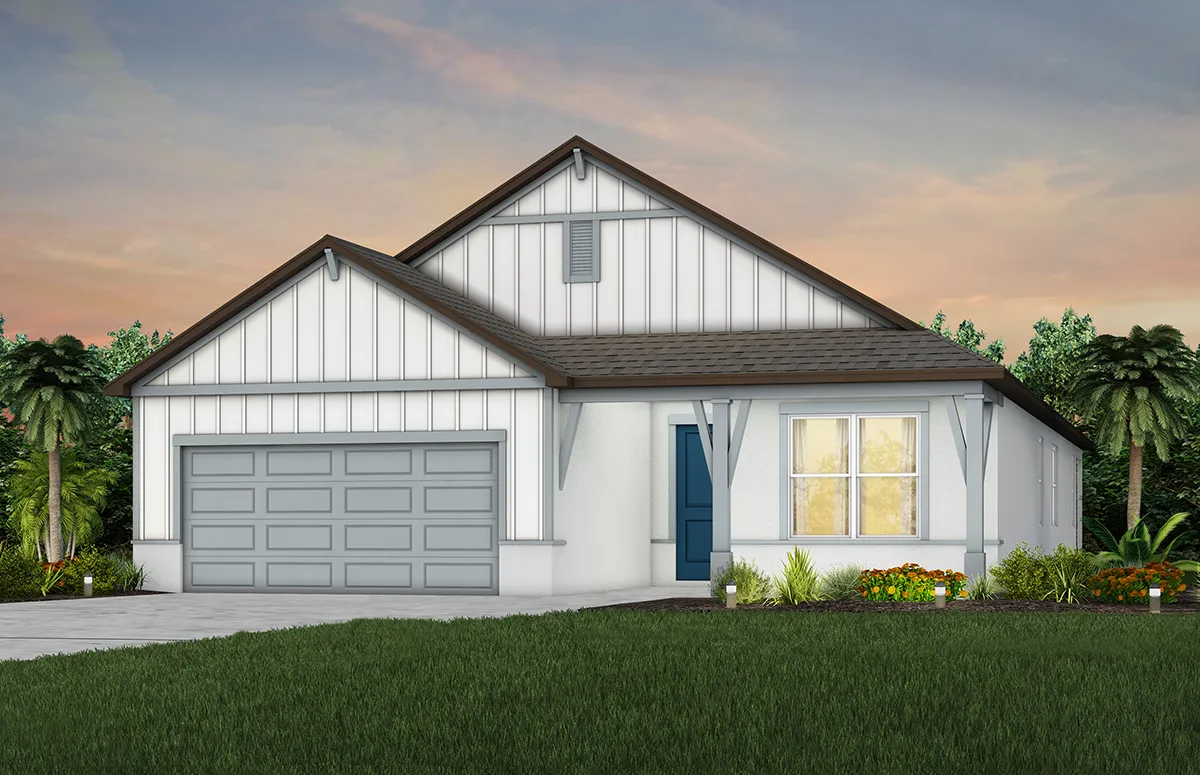 A modern, single-story house with white siding, gray trim, a gray shingle roof, and a double garage. The home features a blue front door, a manicured lawn, shrubs, and trees under a partly cloudy sky at dusk.