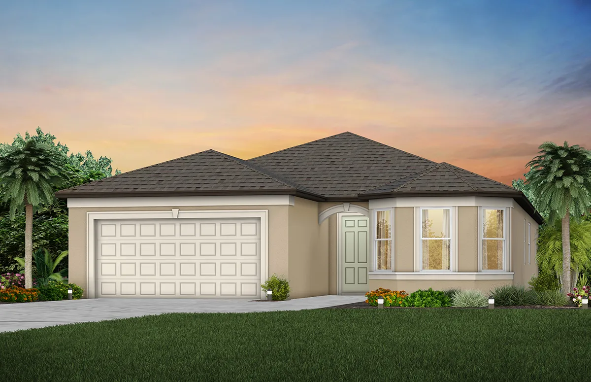 Single-story suburban house with a two-car garage, pale beige exterior, front lawn, and palm trees on both sides, set against a colorful sunset sky.