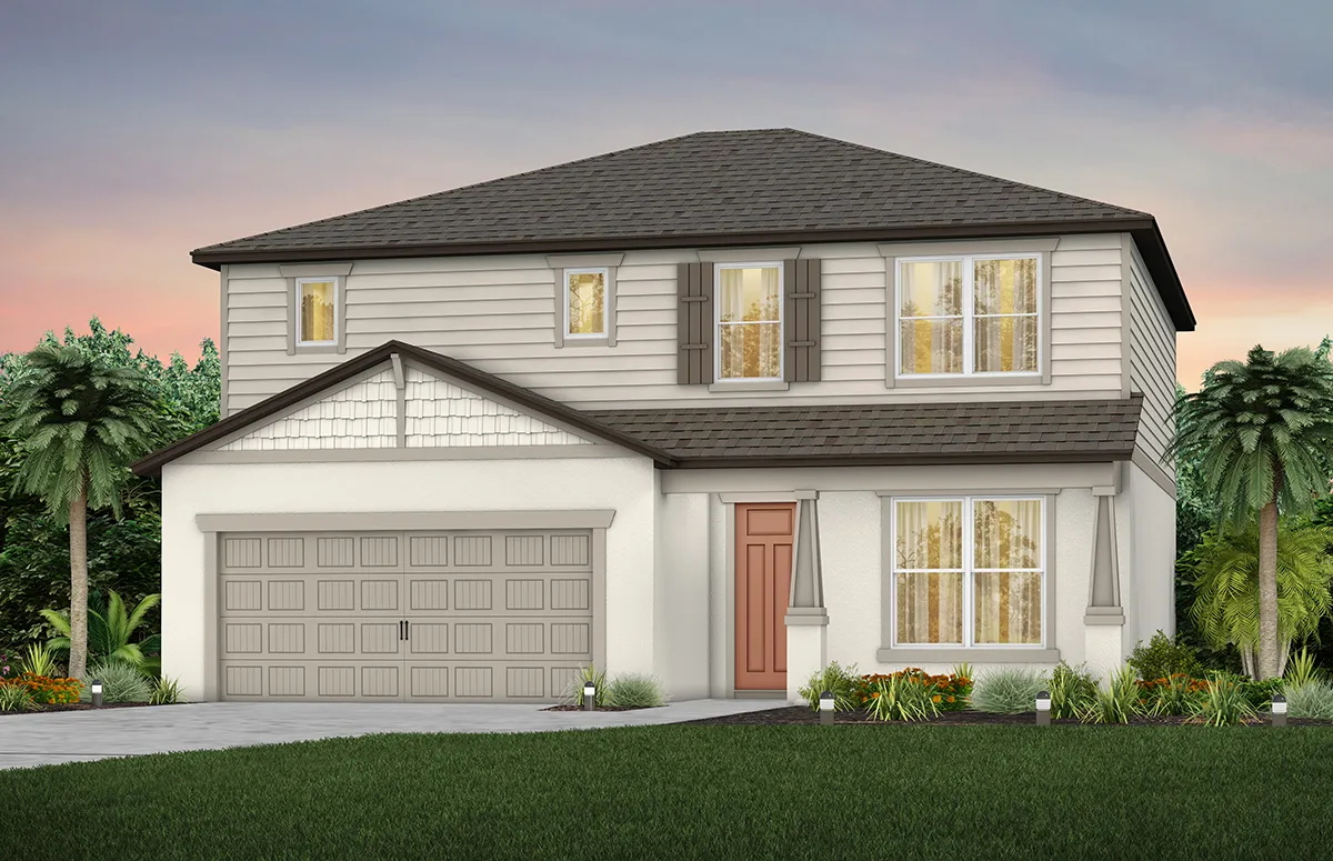 Two-story suburban house with a gray shingle roof, beige horizontal siding, and a two-car garage. Large windows, red front door, trimmed bushes, and palm trees in the yard under a pastel sunset sky.