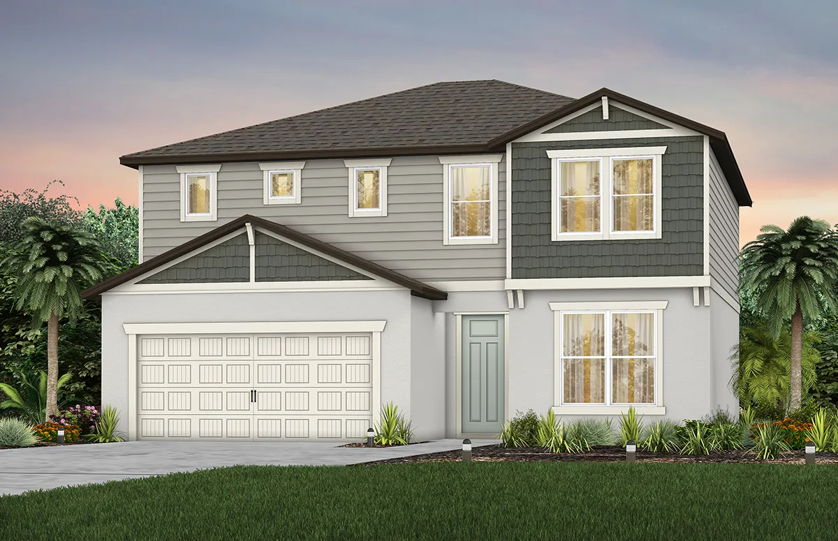 Two-story modern suburban house with gray siding, white accents, a double garage, and large windows, surrounded by green lawn, plants, and palm trees, under a pastel evening sky.