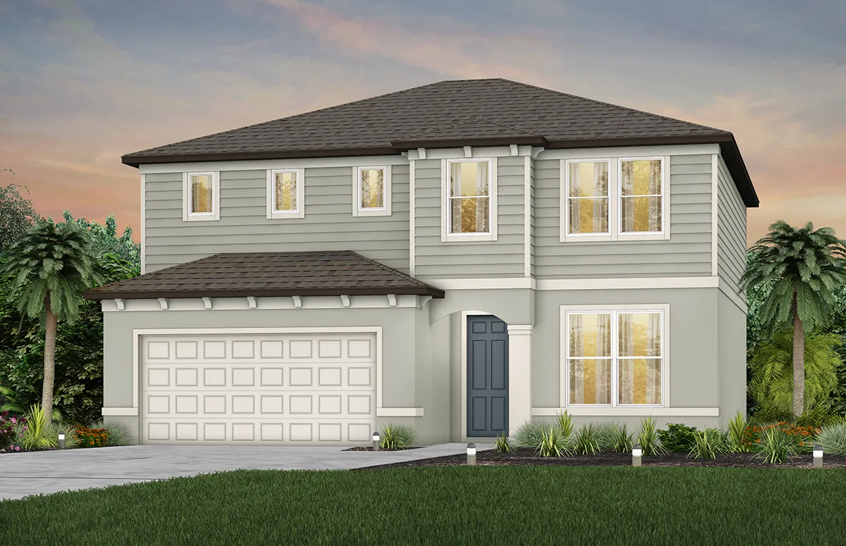 Two-story modern suburban house with light gray siding, white trim, and a dark shingle roof. It has a double garage, a blue front door, manicured lawn, and palm trees on each side, set against a sunset sky.