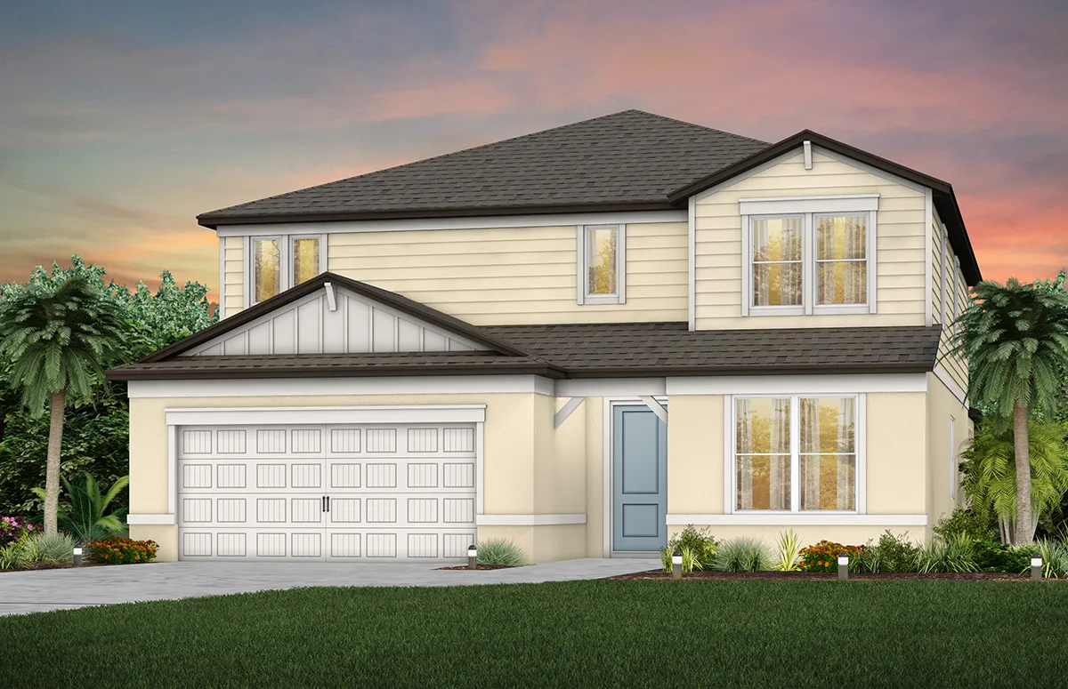 A two-story modern suburban house with cream siding, a gray shingle roof, a double garage, large windows, and a blue front door, surrounded by landscaping and palm trees at sunset.