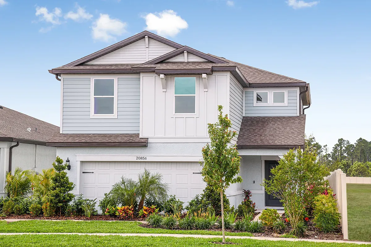 Two-story modern suburban house with light blue and white siding, a double garage, and a neatly landscaped front yard with various plants and small trees under a blue sky with clouds.