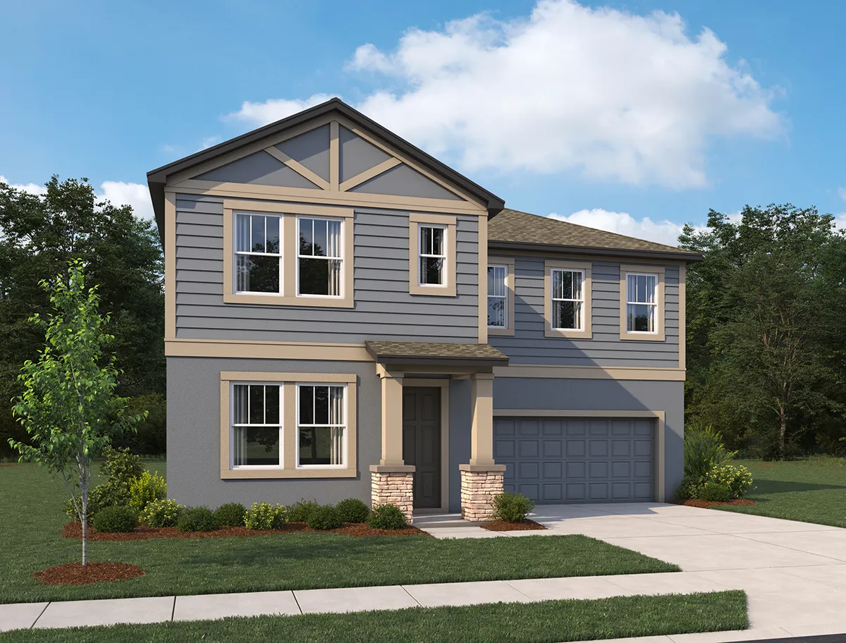 A modern two-story gray house with white trim, a two-car garage, multiple windows, a small covered porch, and neatly landscaped front yard, set under a blue sky with scattered clouds.