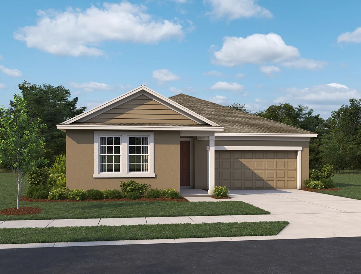 A modern single-story house with beige siding, a two-car garage, front lawn, small trees, and shrubs, set against a blue sky with scattered clouds and surrounded by greenery.