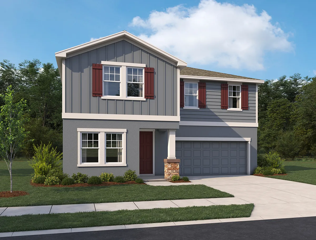 Two-story modern suburban house with gray siding, red shutters, a red front door, double garage, and landscaped front yard with shrubs and young trees against a backdrop of greenery and blue sky.
