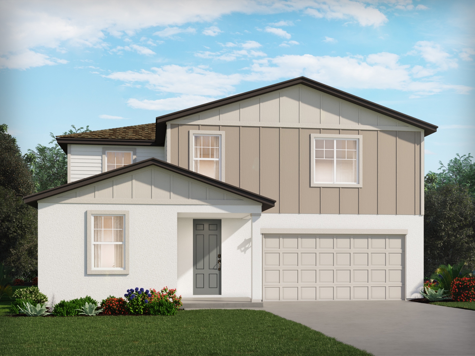 A modern two-story house with a mix of white and beige paneling, multiple windows, a gray front door, and a two-car garage. The home is surrounded by green lawn and colorful landscaping.