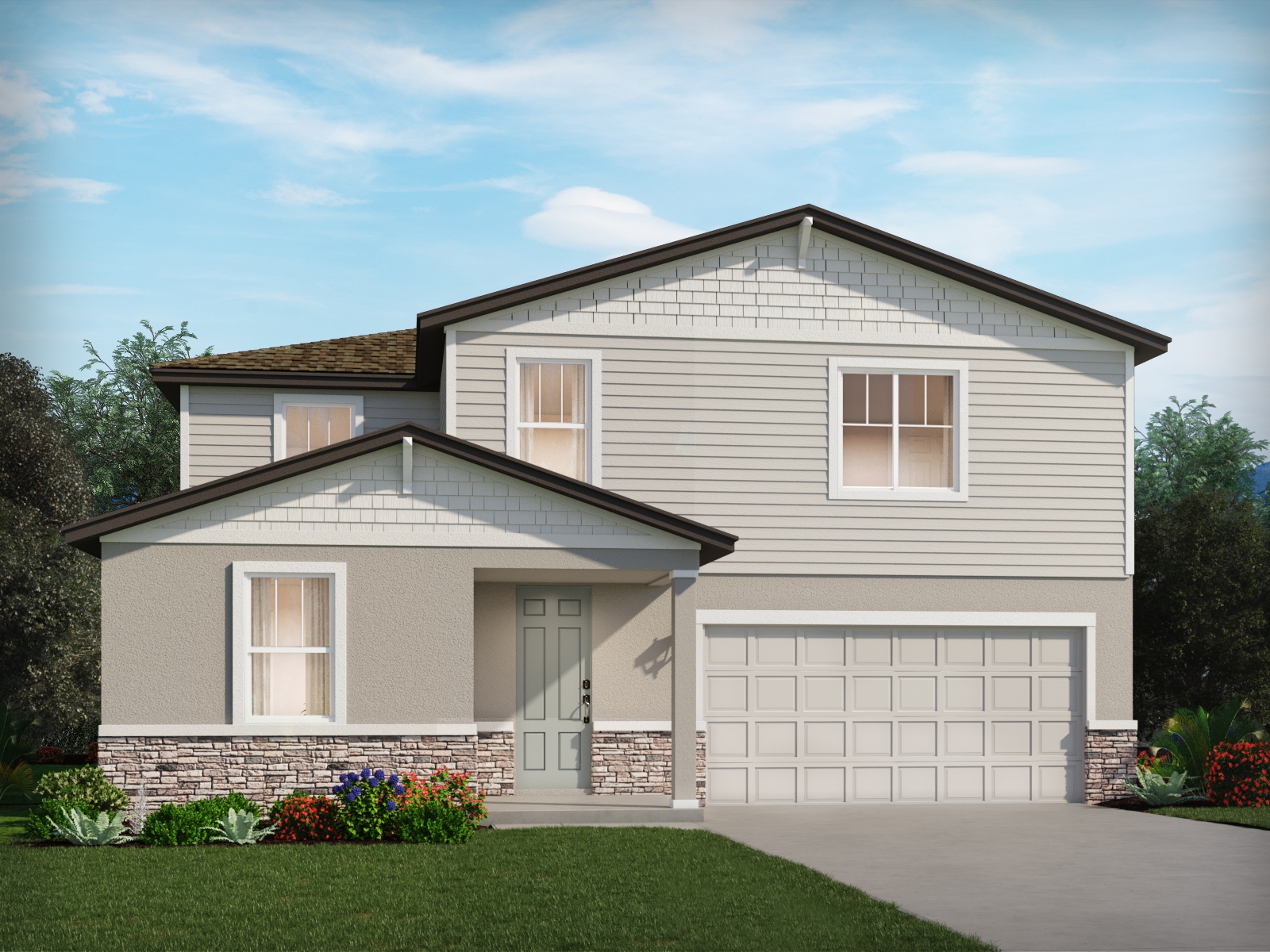 A two-story modern suburban house with light gray siding, stone accents, a front lawn with shrubs and flowers, a double garage, and a light blue front door under a partly cloudy sky.