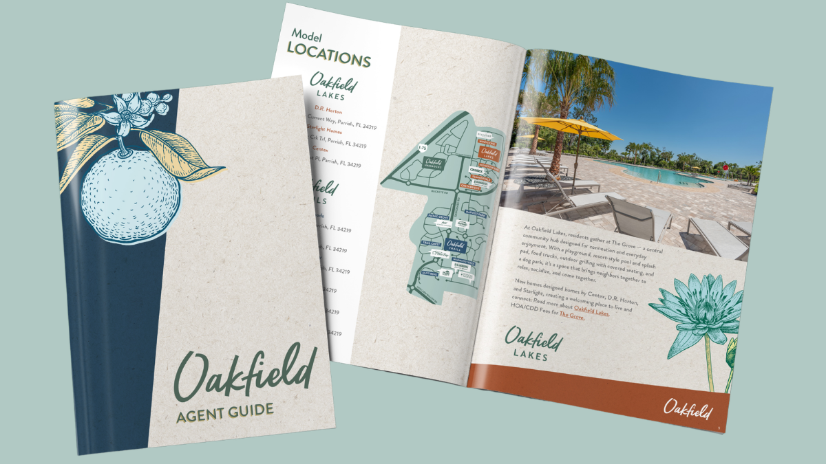 Three Oakfield Lakes real estate brochures are displayed. The cover has an illustration of an orange and leaves. The open pages show a locations map and a photo of a resort-style pool with palm trees and colorful umbrellas.